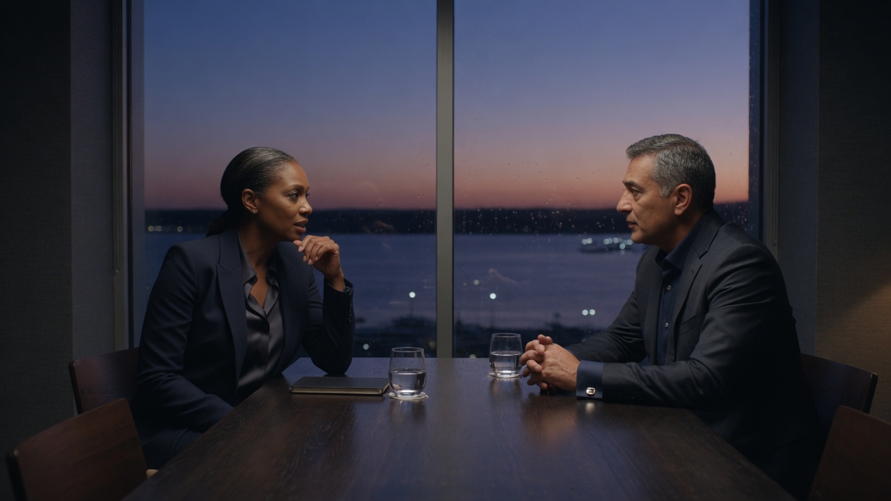 Two people sitting at a table having a conversation