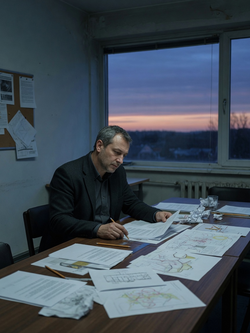 Planner at a long table in cool dusk light