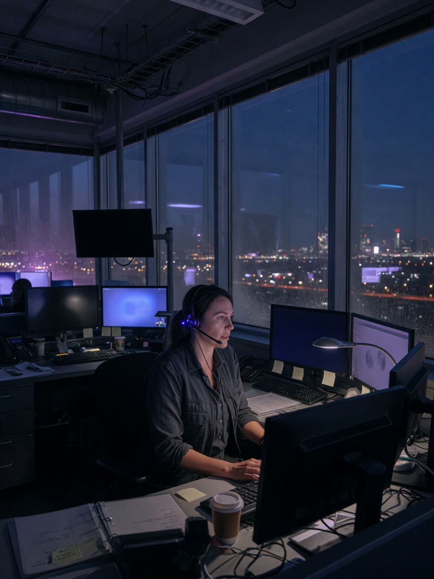 Dispatcher in a half-dark operations loft
